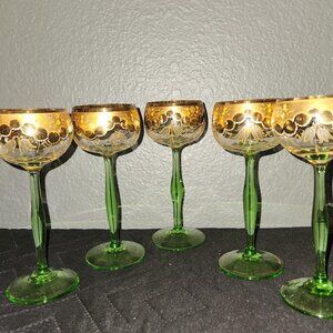 Amazing Set of Five (5) Moser Wine Glasses w/ Gold Patterned Outlay
